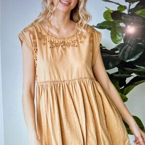 Oli & Hali Mustard Embroidered Cap-Sleeve Tunic